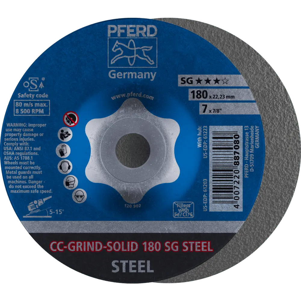 Produktfoto 1 von PFERD TOOLS CC-GRIND SOLID Schleifscheibe 180x22,23 mm COARSE Leistungslinie SG STEEL für Stahl, 10 Stk.