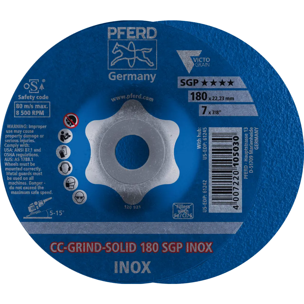 Produktfoto 1 von PFERD TOOLS CC-GRIND SOLID Schleifscheibe 180x22,23 mm COARSE Speziallinie SGP INOX für Edelstahl, 10 Stk.