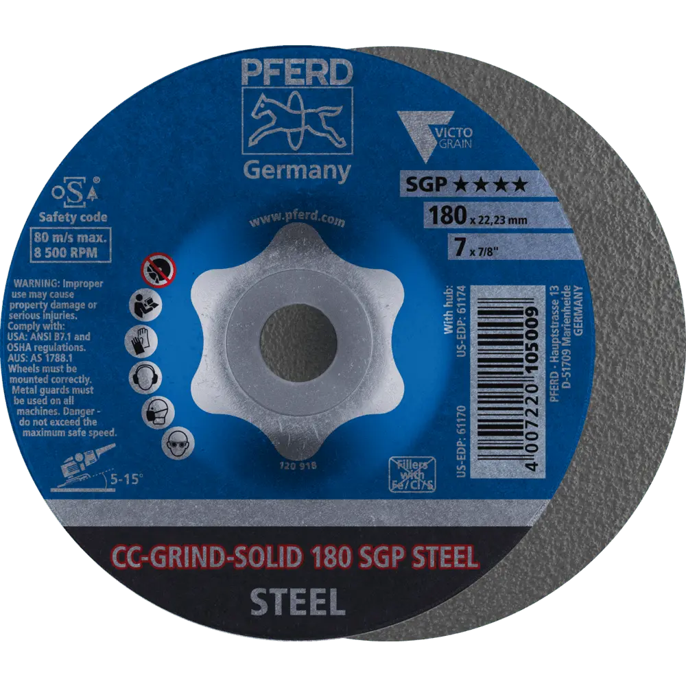 Produktfoto 1 von PFERD TOOLS CC-GRIND SOLID Schleifscheibe 180x22,23 mm COARSE Speziallinie SGP STEEL für Stahl, 10 Stk.