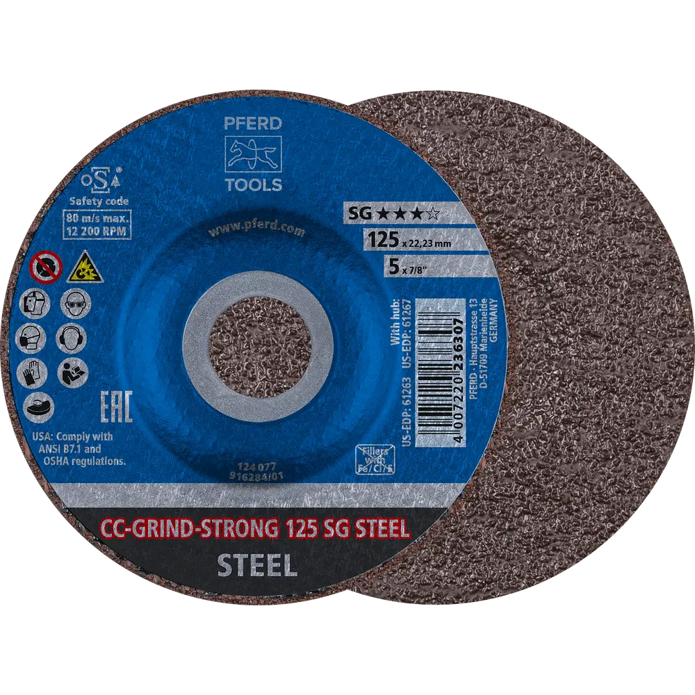 Produktfoto 1 von PFERD TOOLS CC-GRIND STRONG Schleifscheibe 125x22,23 mm COARSE Leistungslinie SG STEEL für Stahl, 10 Stk.