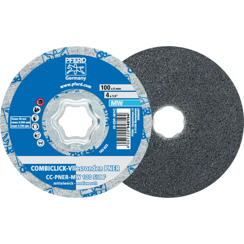 Produktfoto 1 von PFERD TOOLS COMBICLICK verpresste Vliesronde CC PNER Ø 100mm Mittelweich SIC Fein für Finish, 5 Stk.