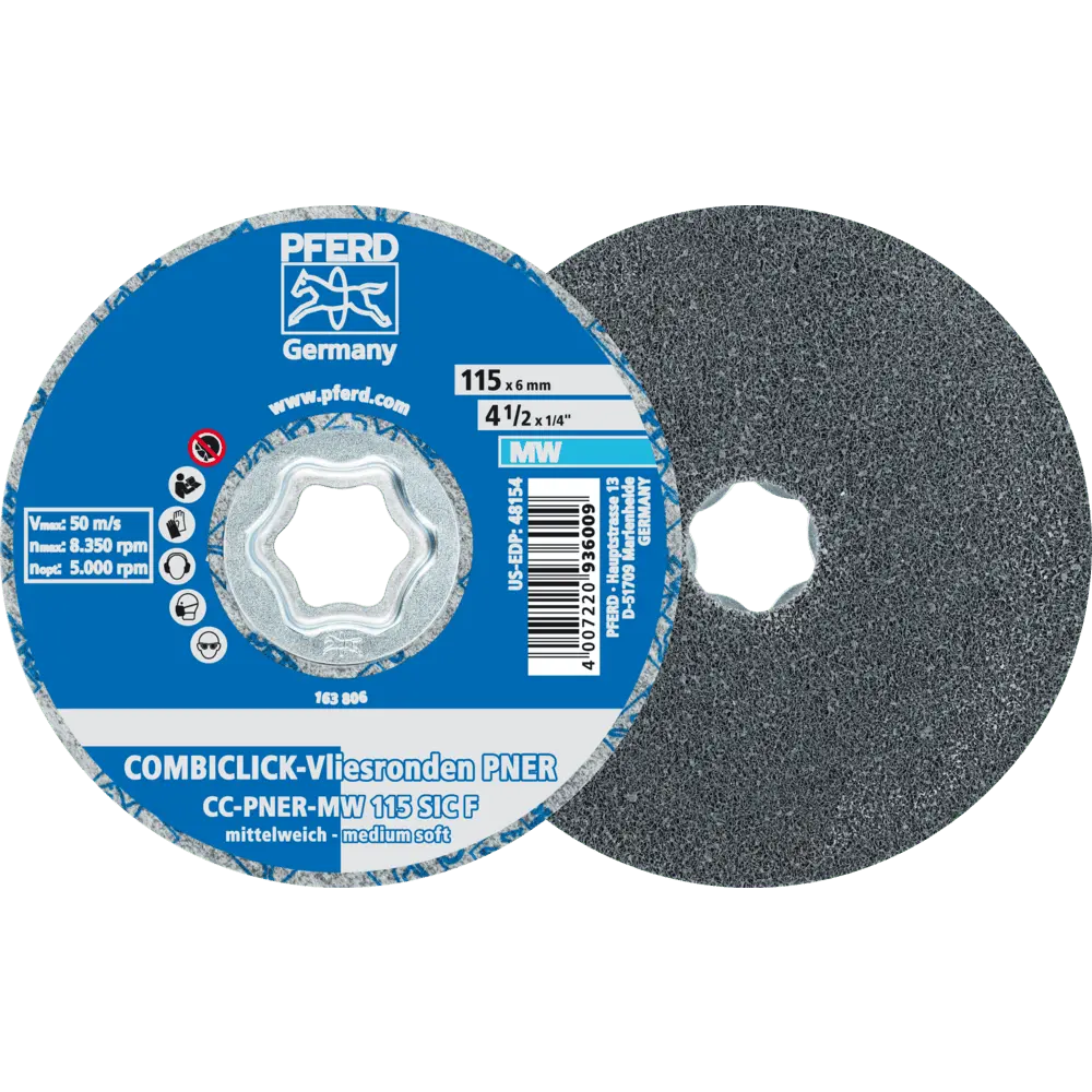 Produktfoto 1 von PFERD TOOLS COMBICLICK verpresste Vliesronde CC PNER Ø 115 mm Mittelweich SIC Fein für Finish, 5 Stk.