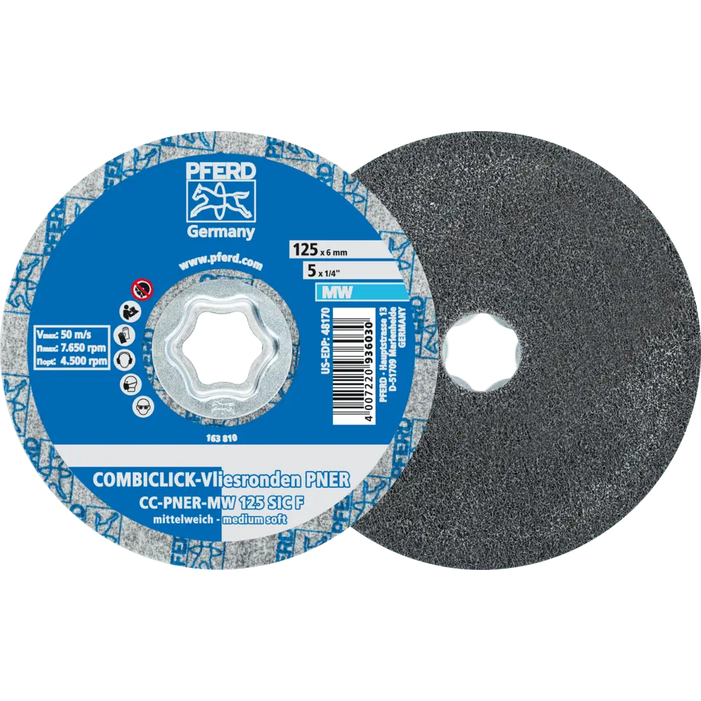 Produktfoto 1 von PFERD TOOLS COMBICLICK verpresste Vliesronde CC PNER Ø 125 mm Mittelweich SIC Fein für Finish, 5 Stk.