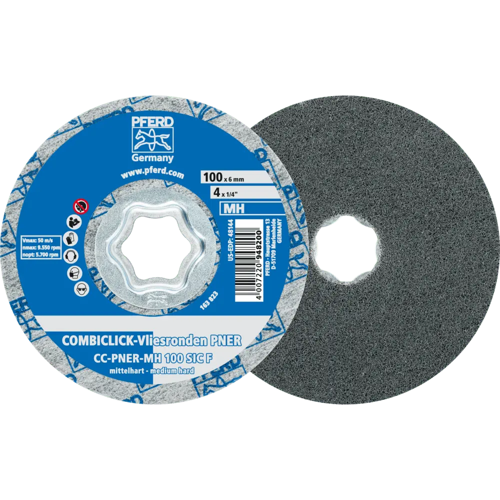 Produktfoto 1 von PFERD TOOLS COMBICLICK verpresste Vliesronde CC PNER Ø 100mm Mittehart SIC Fein für Finish, 5 Stk.