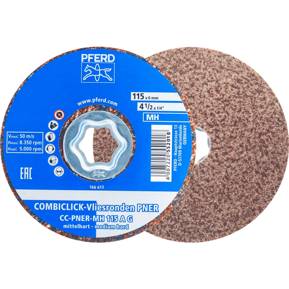 Produktfoto 1 von PFERD TOOLS COMBICLICK verpresste Vliesronde CC PNER Ø 115 mm Mittelhart A Grob für Finish, 5 Stk.