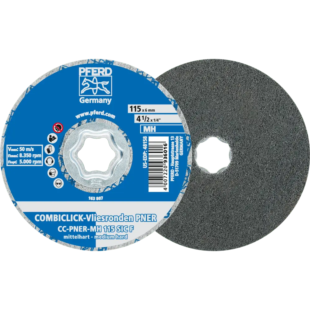 Produktfoto 1 von PFERD TOOLS COMBICLICK verpresste Vliesronde CC PNER Ø 115 mm Mittehart SIC Fein für Finish, 5 Stk.