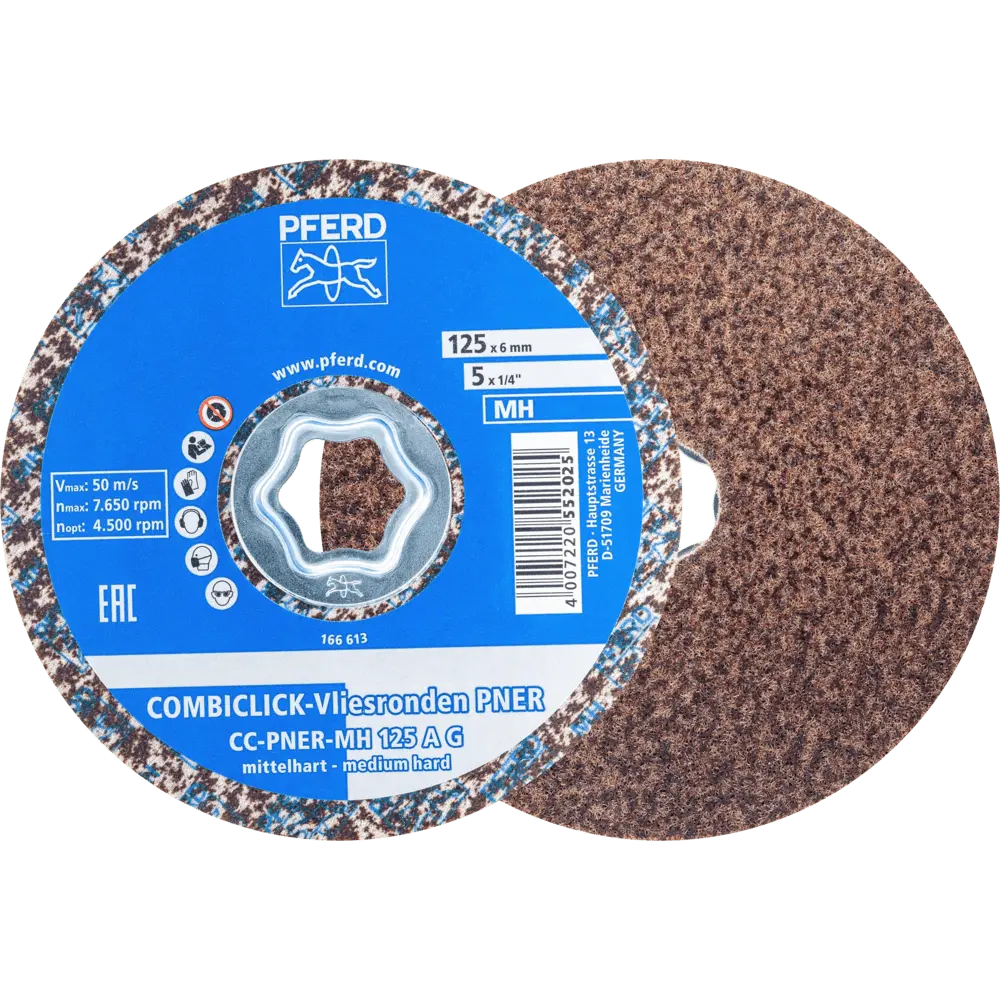 Produktfoto 1 von PFERD TOOLS COMBICLICK verpresste Vliesronde CC PNER Ø 125 mm Mittelhart A Grob für Finish, 5 Stk.