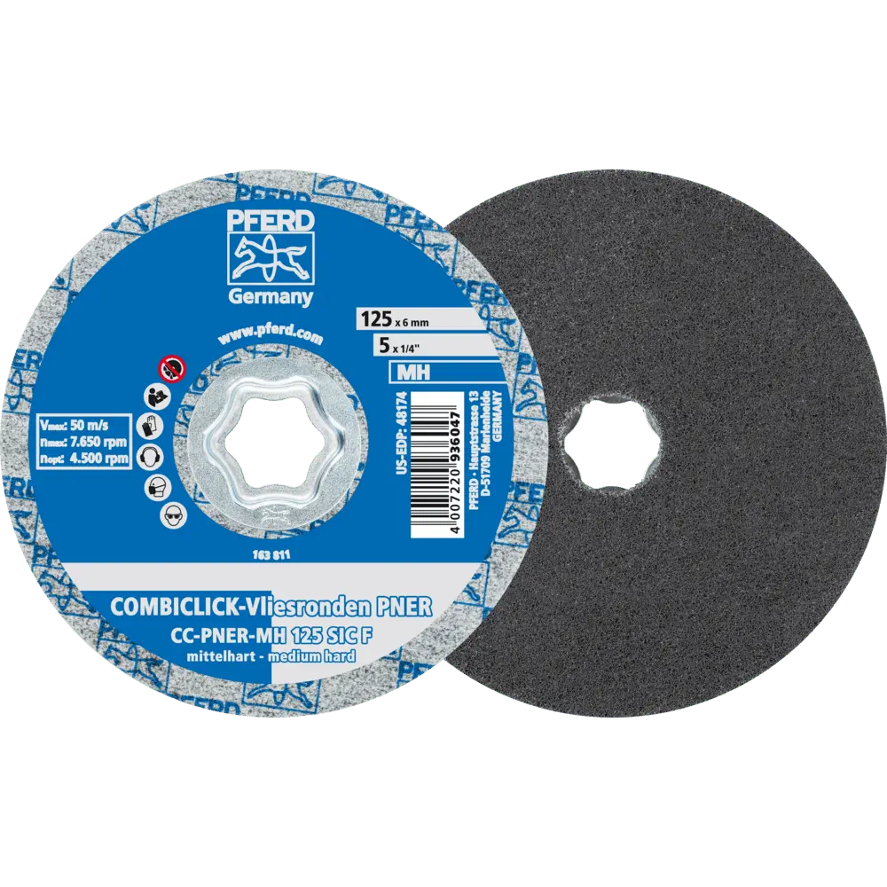 Produktfoto 1 von PFERD TOOLS COMBICLICK verpresste Vliesronde CC PNER Ø 125 mm Mittehart SIC Fein für Finish, 5 Stk.