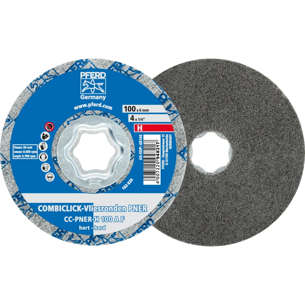 Produktfoto 1 von PFERD TOOLS COMBICLICK verpresste Vliesronde CC PNER Ø 100mm Hart A Fein für Finish, 5 Stk.