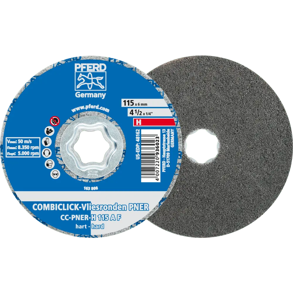 Produktfoto 1 von PFERD TOOLS COMBICLICK verpresste Vliesronde CC PNER Ø 115 mm Hart A Fein für Finish, 5 Stk.