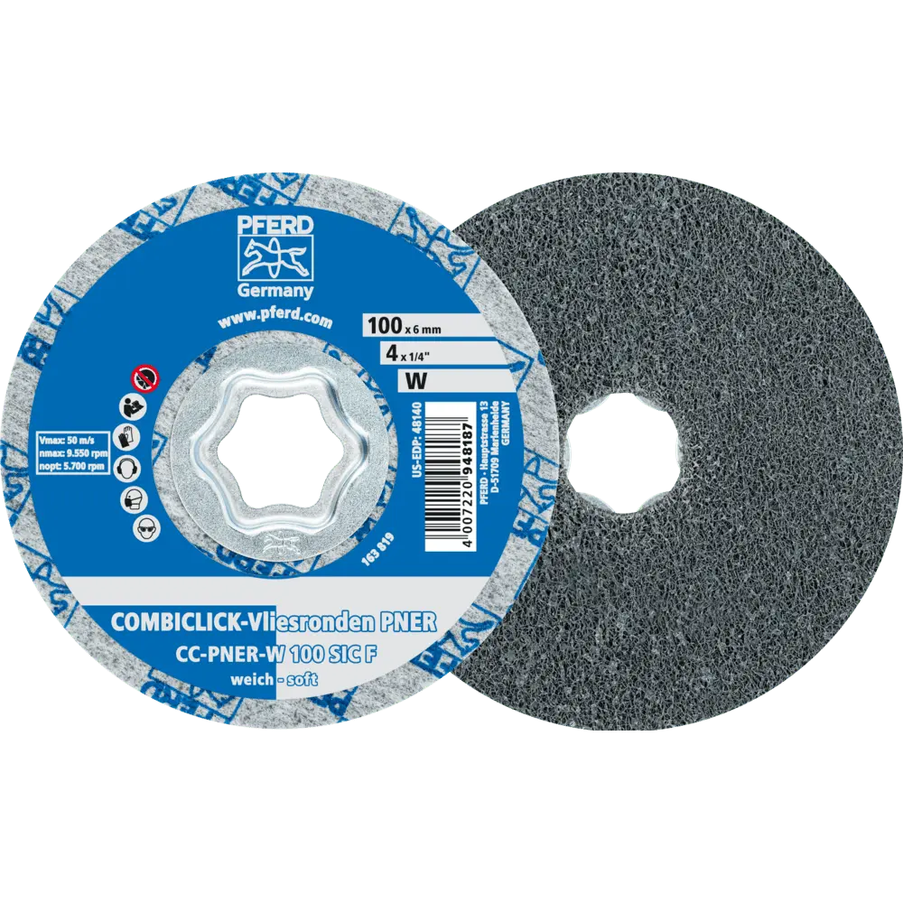 Produktfoto 1 von PFERD TOOLS COMBICLICK verpresste Vliesronde CC PNER Ø 100mm Weich SIC Fein für Finish, 5 Stk.