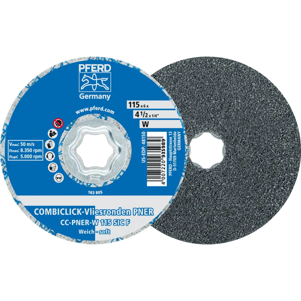 Produktfoto 1 von PFERD TOOLS COMBICLICK verpresste Vliesronde CC PNER Ø 115 mm Weich SIC Fein für Finish, 5 Stk.