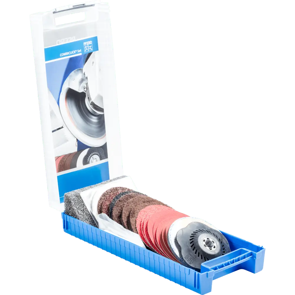 Produktfoto 1 von PFERD TOOLS COMBICLICK Set 19-tlg. Ø 115 mm 5/8-11 Bearbeitungen grob bis poliert mit Winkelschleifer