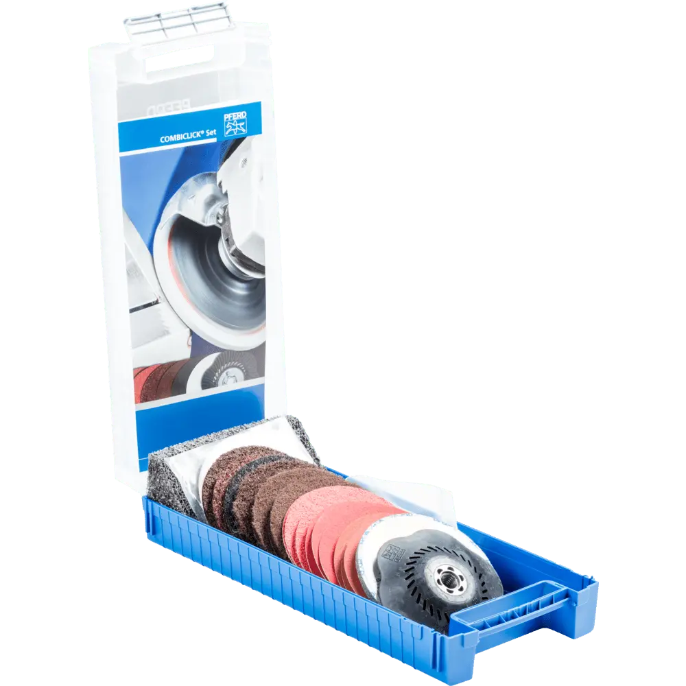Produktfoto 1 von PFERD TOOLS COMBICLICK Set 19-tlg. Ø 115 mm M14 Bearbeitungen grob bis poliert mit Winkelschleifer
