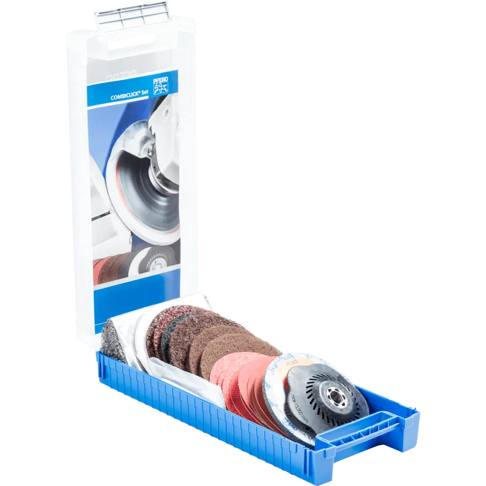 Produktfoto 1 von PFERD TOOLS COMBICLICK Set 19-tlg. Ø 125 mm 5/8-11 Bearbeitungen grob bis poliert mit Winkelschleifer