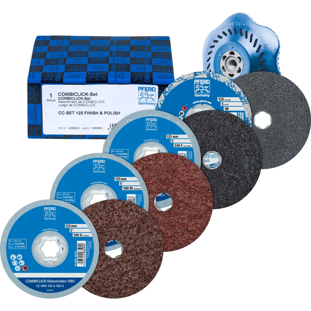Produktfoto 1 von PFERD TOOLS COMBICLICK-Vliesronden-Set Ø125mm VRH A100C, 180M, 240F und PNER W F mit CC-H-GT-Stützteller für Finish