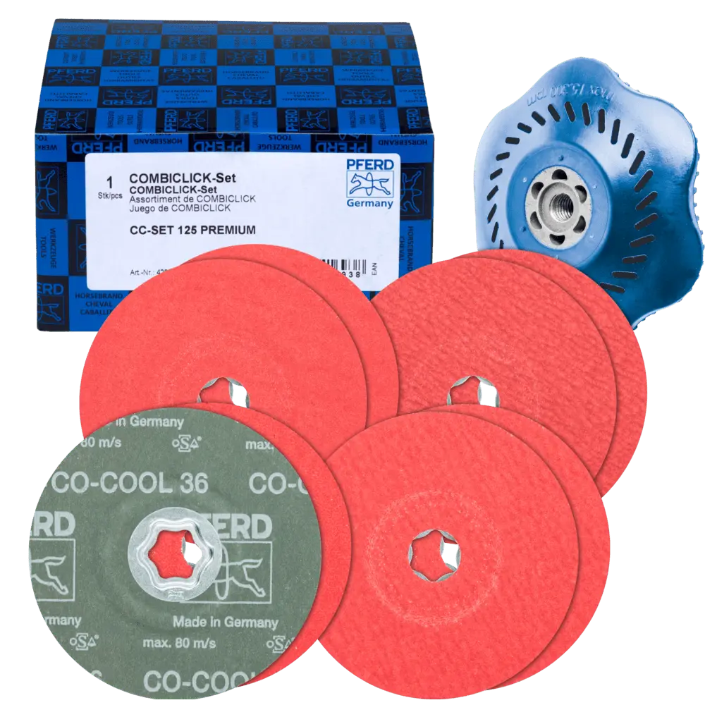 Produktfoto 1 von PFERD TOOLS COMBICLICK-Fiberscheiben-Set Keramikkorn Ø125mm CO-COOL 36, 60, 80, 120 mit CC-H-GT-Stützteller für Edelstahl