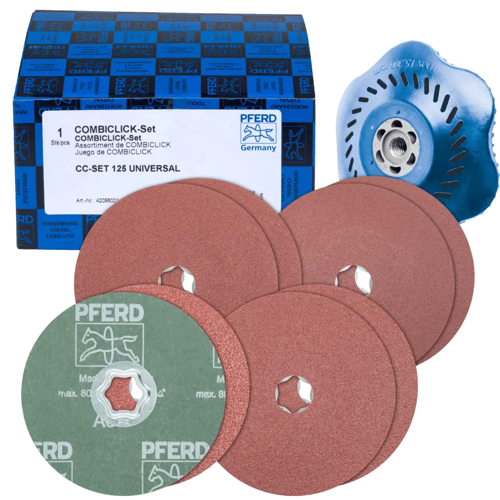 Produktfoto 1 von PFERD TOOLS COMBICLICK-Fiberscheiben-Set Korund Ø125mm A36, 60, 80, 120 mit CC-H-GT-Stützteller für universelle Anwendungen