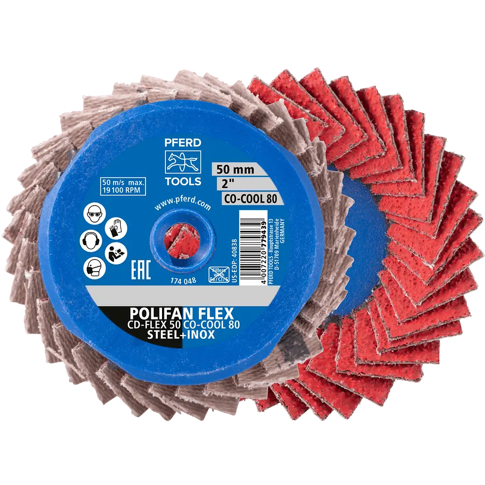 Produktfoto 1 von PFERD TOOLS COMBIDISC Flexibel Keramikkorn Mini-POLIFAN CDR Ø 50mm CO-COOL40 für kühlen Schliff auf Edelstahl, 10 Stk.
