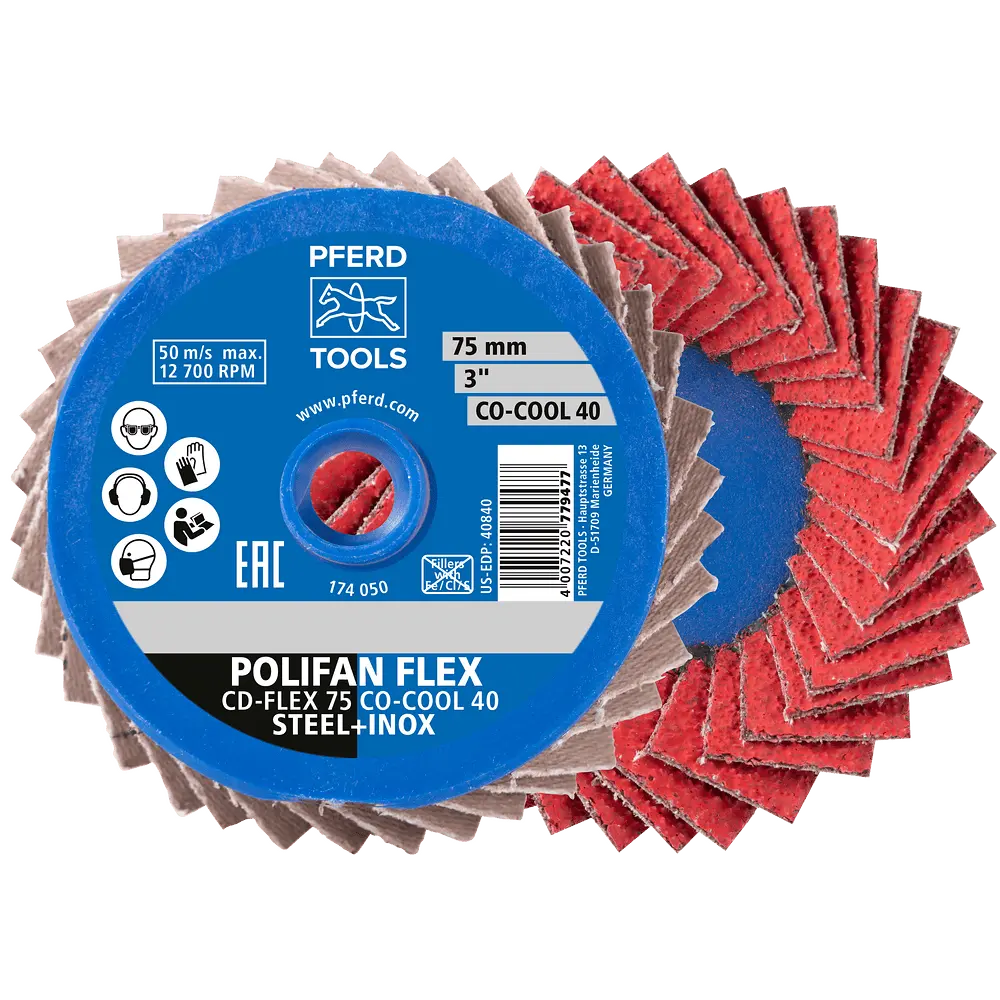 Produktfoto 1 von PFERD TOOLS COMBIDISC Flexibel Keramikkorn Mini-POLIFAN CDR Ø 75mm CO-COOL120 für kühlen Schliff auf Edelstahl, 10 Stk.