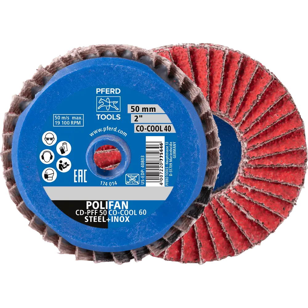 Produktfoto 1 von PFERD TOOLS COMBIDISC Keramikkorn Mini-POLIFAN CDR Ø 50mm CO-COOL60 für kühlen Schliff auf Edelstahl, 10 Stk.