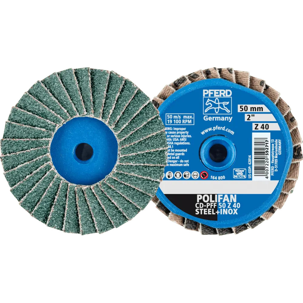 Produktfoto 1 von PFERD TOOLS COMBIDISC Zirkon Mini-POLIFAN CD Ø 50mm Z40 für gehärteten Stahl, 10 Stk.