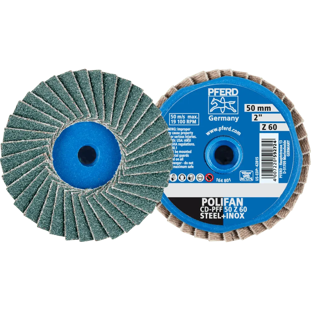 Produktfoto 1 von PFERD TOOLS COMBIDISC Zirkon Mini-POLIFAN CD Ø 50mm Z60 für gehärteten Stahl, 10 Stk.