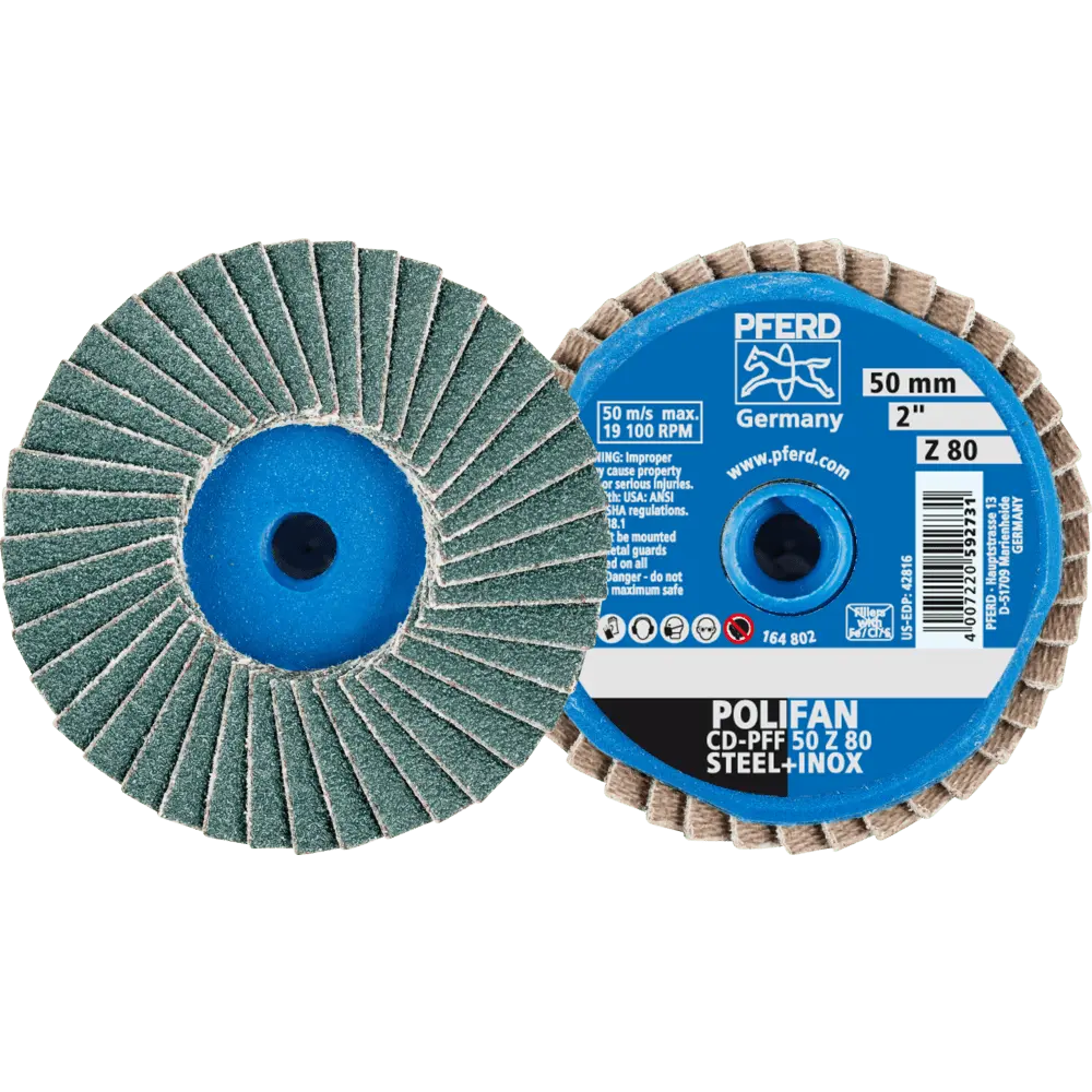Produktfoto 1 von PFERD TOOLS COMBIDISC Zirkon Mini-POLIFAN CD Ø 50mm Z80 für gehärteten Stahl, 10 Stk.