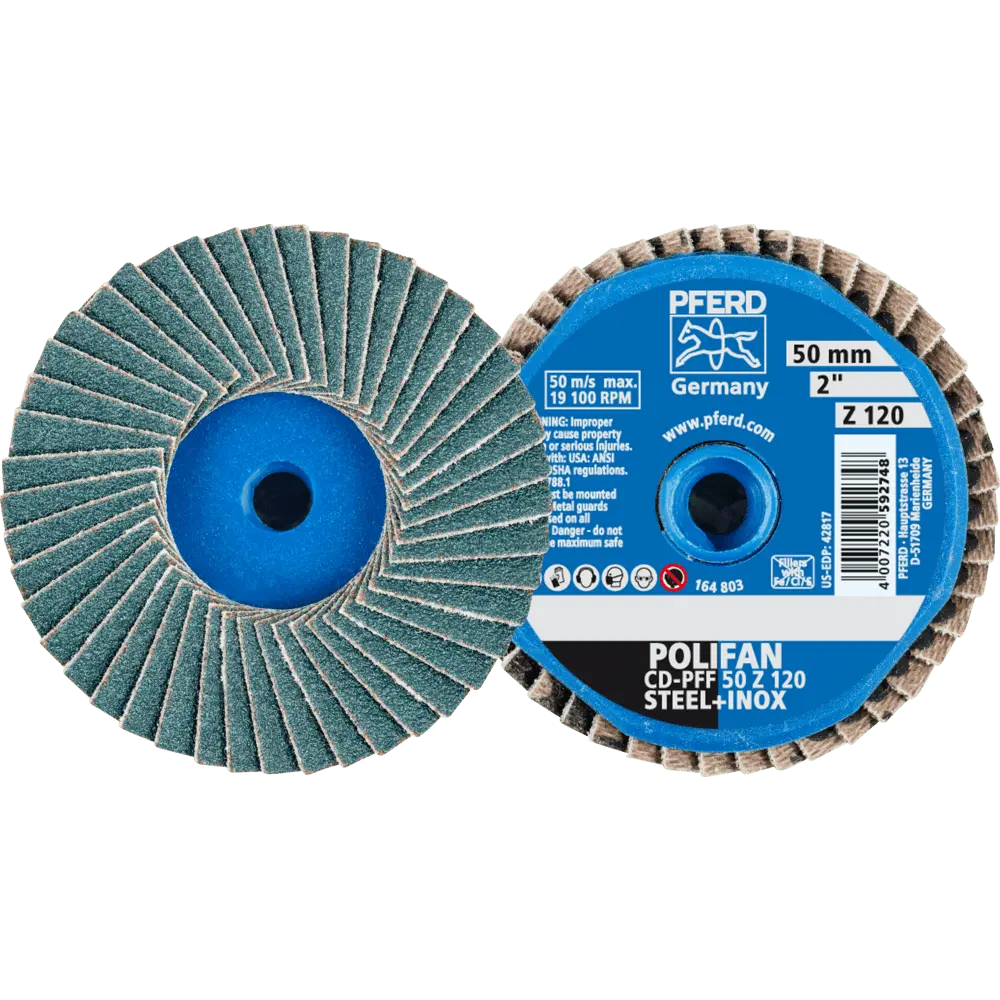 Produktfoto 1 von PFERD TOOLS COMBIDISC Zirkon Mini-POLIFAN CD Ø 50mm Z120 für gehärteten Stahl, 10 Stk.