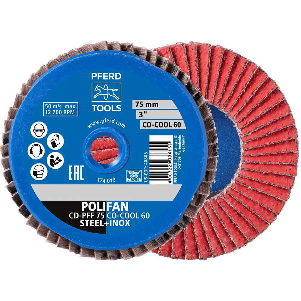 Produktfoto 1 von PFERD TOOLS COMBIDISC Keramikkorn Mini-POLIFAN CD Ø 75mm CO-COOL80 für kühlen Schliff auf Edelstahl, 10 Stk.