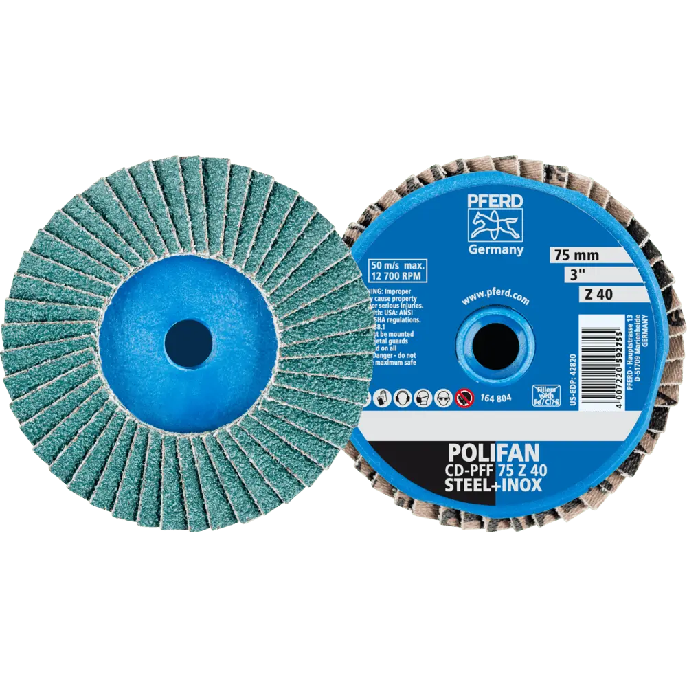 Produktfoto 1 von PFERD TOOLS COMBIDISC Zirkon Mini-POLIFAN CD Ø 75 mm Z40 für gehärteten Stahl, 10 Stk.