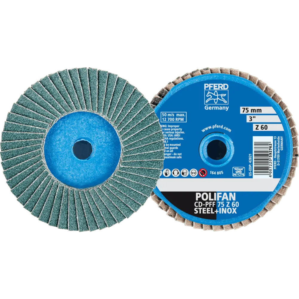 Produktfoto 1 von PFERD TOOLS COMBIDISC Zirkon Mini-POLIFAN CD Ø 75 mm Z60 für gehärteten Stahl, 10 Stk.