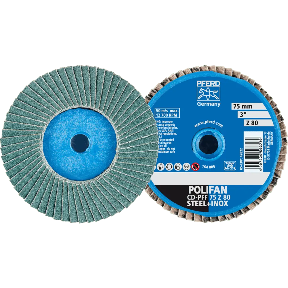 Produktfoto 1 von PFERD TOOLS COMBIDISC Zirkon Mini-POLIFAN CD Ø 75 mm Z80 für gehärteten Stahl, 10 Stk.
