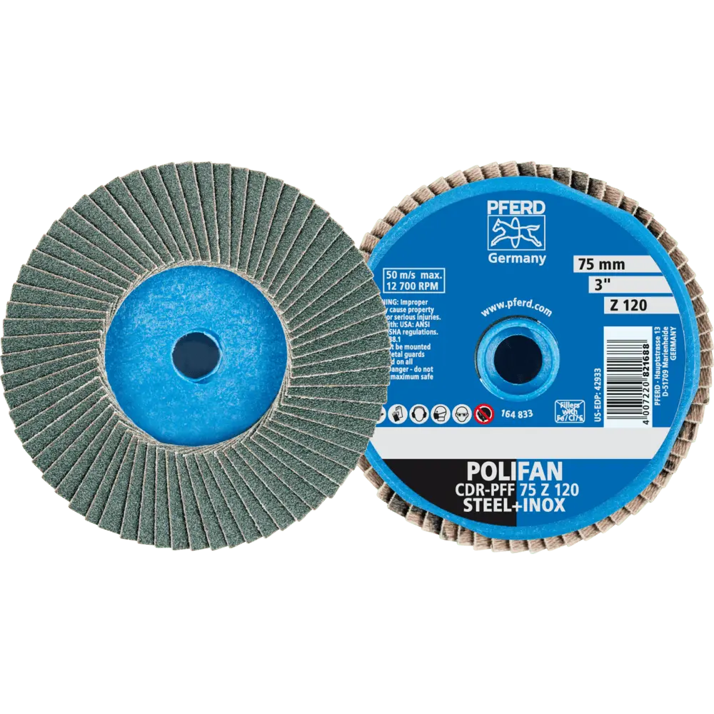 Produktfoto 1 von PFERD TOOLS COMBIDISC Zirkon Mini-POLIFAN CD Ø 75 mm Z120 für gehärteten Stahl, 10 Stk.
