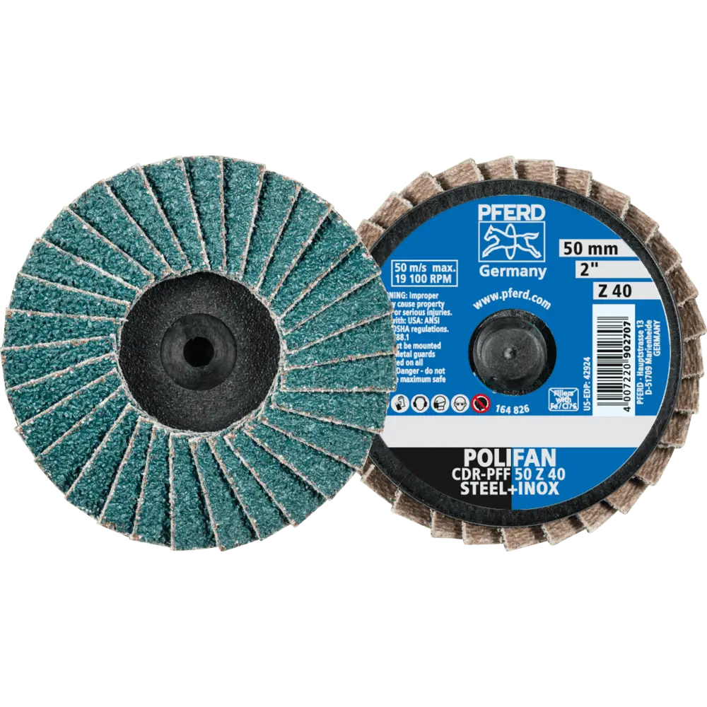 Produktfoto 1 von PFERD TOOLS COMBIDISC Zirkon Mini-POLIFAN CDR Ø 50mm Z40 für gehärteten Stahl, 10 Stk.