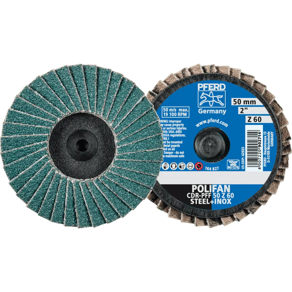 Produktfoto 1 von PFERD TOOLS COMBIDISC Zirkon Mini-POLIFAN CDR Ø 50mm Z60 für gehärteten Stahl, 10 Stk.
