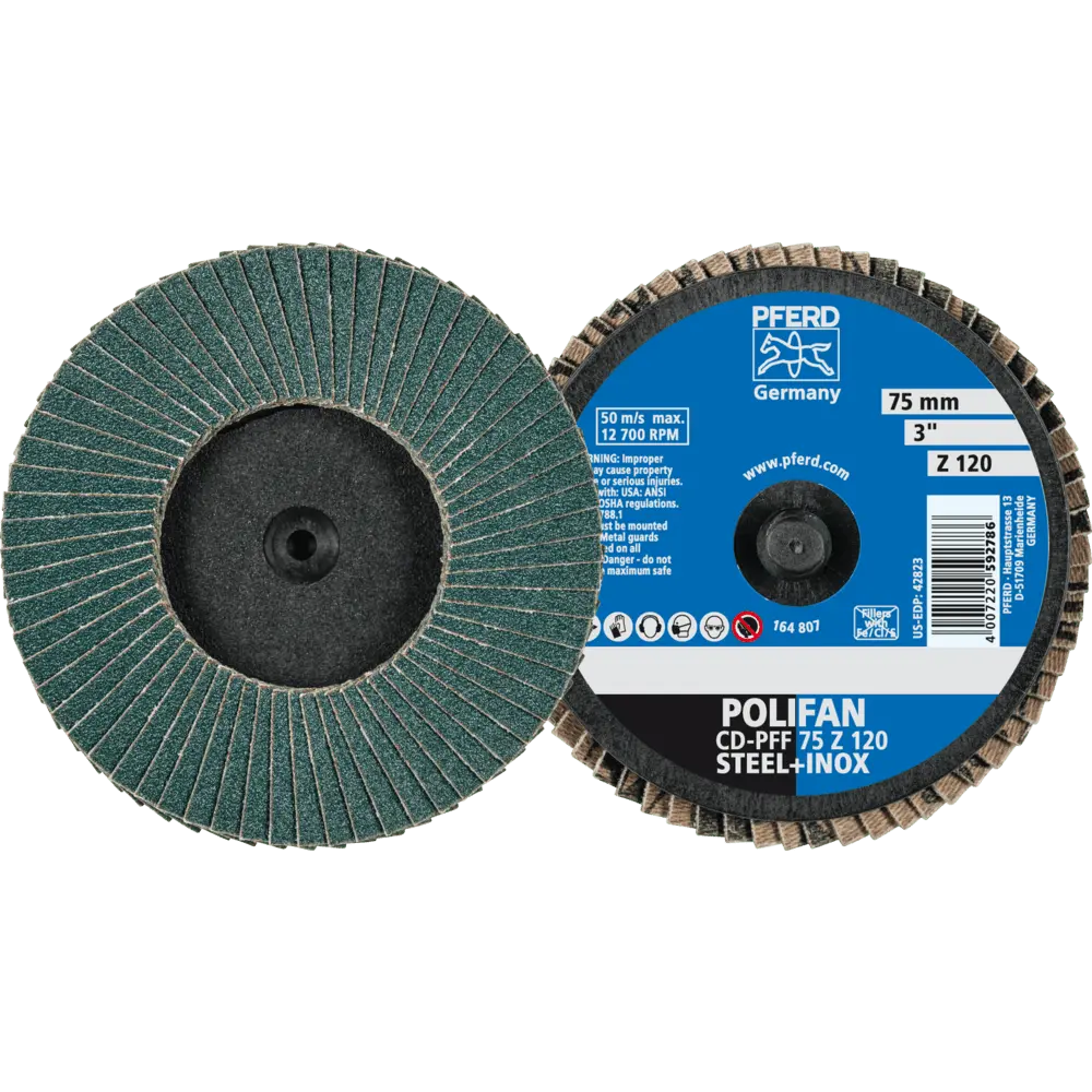 Produktfoto 1 von PFERD TOOLS COMBIDISC Zirkon Mini-POLIFAN CDR Ø 75 mm Z120 für gehärteten Stahl, 10 Stk.