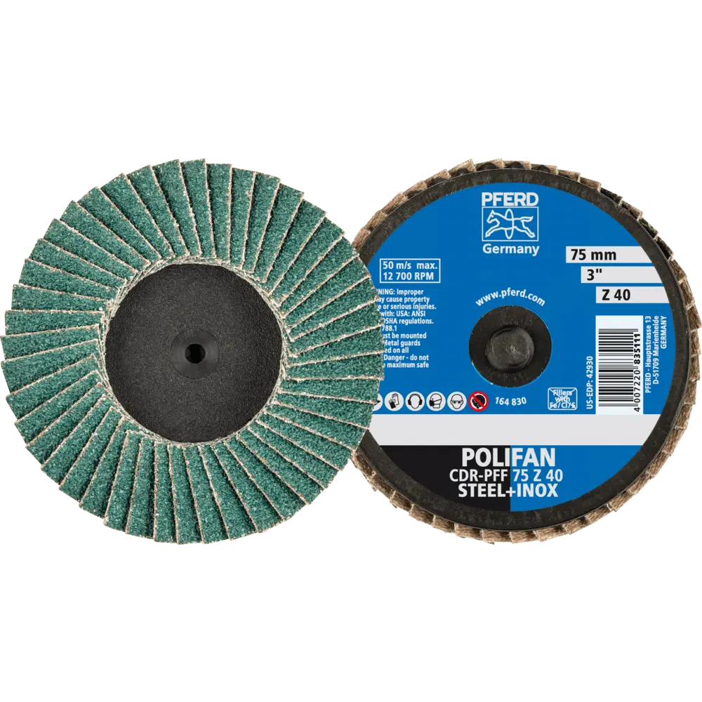 Produktfoto 1 von PFERD TOOLS COMBIDISC Zirkon Mini-POLIFAN CDR Ø 75 mm Z40 für gehärteten Stahl, 10 Stk.