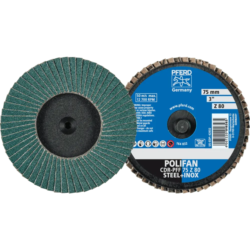 Produktfoto 1 von PFERD TOOLS COMBIDISC Zirkon Mini-POLIFAN CDR Ø 75 mm Z80 für gehärteten Stahl, 10 Stk.