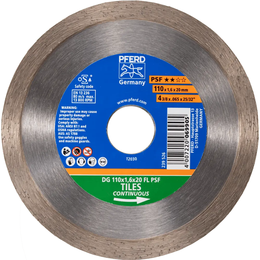 Produktfoto 1 von PFERD TOOLS Diamant-Trennscheibe DG FL 110x1,6x20 mm PSF z. Trennen v. Fliesen, hohe Schnittqualität