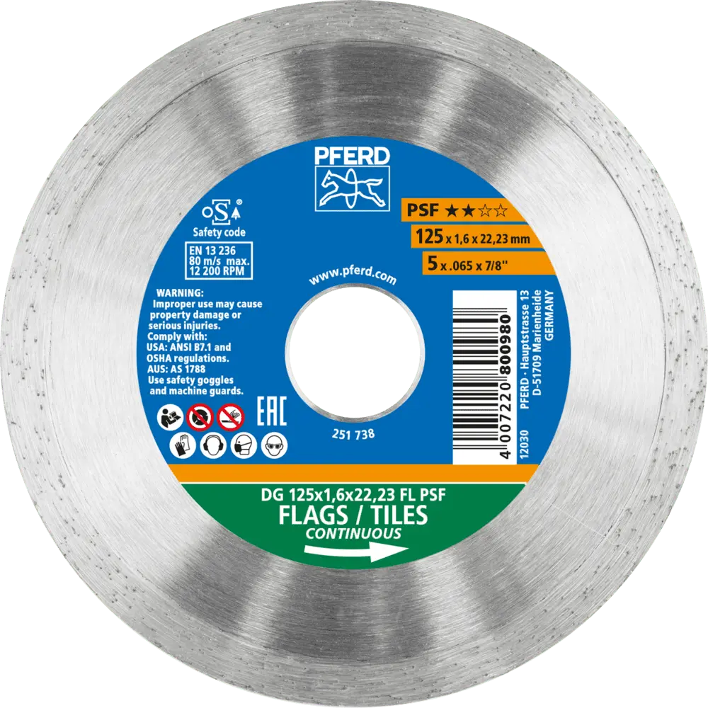 Produktfoto 1 von PFERD TOOLS Diamant-Trennscheibe DG FL 125x1,6x22,23 mm PSF z. Trennen v. Fliesen, hohe Schnittqualität