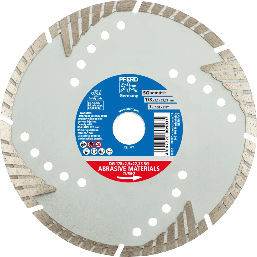 Produktfoto 1 von PFERD TOOLS Diamant-Trennscheibe DG 178x2,5x22,23 mm SG z. Trennen v. Stein/Beton,hohe Schnittqualität