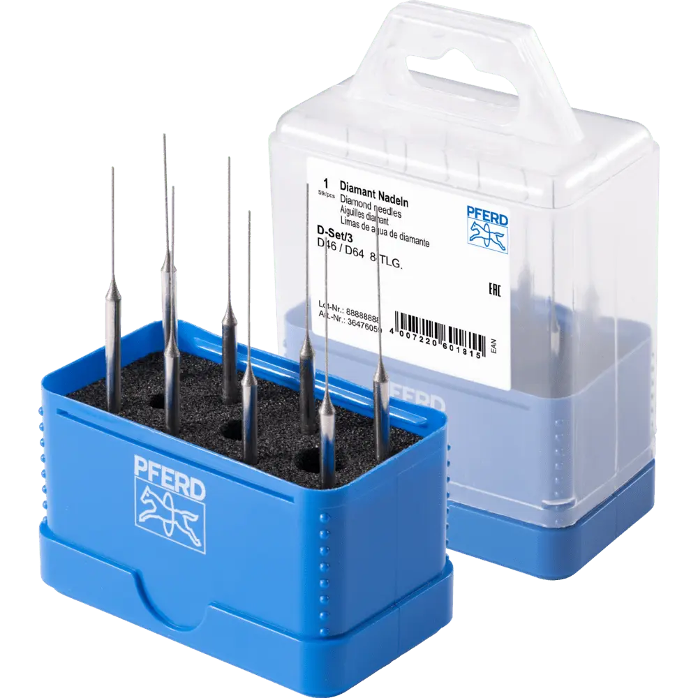 Produktfoto 1 von PFERD TOOLS Diamant-Nadeln-Set 8-tlg. Ø 0,42-0,72 mm Schaft-Ø3 mm D46/64 (fein)