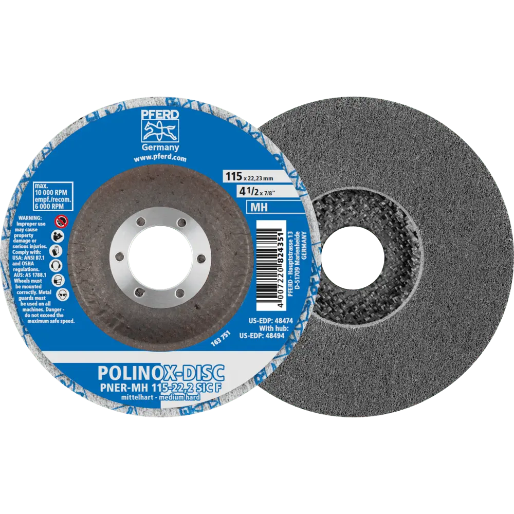 Produktfoto 1 von PFERD TOOLS POLINOX verpresste Vlies-Disc PNER Ø 115 mm Bohrung-Ø 22,23 mm Mittehart SIC Fein für Finish, 5 Stk.