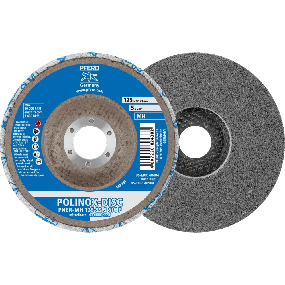 Produktfoto 1 von PFERD TOOLS POLINOX verpresste Vlies-Disc PNER Ø 125 mm Bohrung-Ø 22,23 mm Mittehart SIC Fein für Finish, 5 Stk.