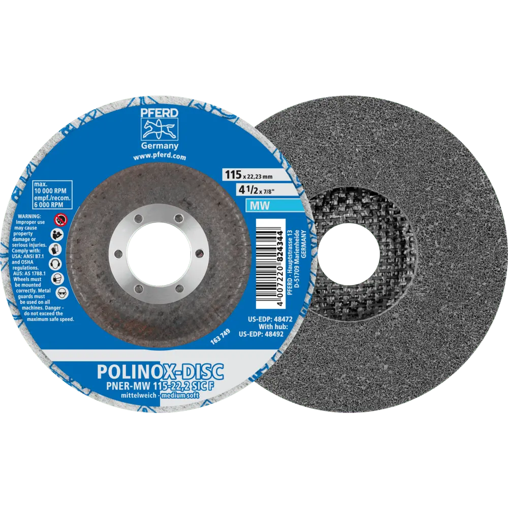 Produktfoto 1 von PFERD TOOLS POLINOX verpresste Vlies-Disc PNER Ø 115 mm Bohrung-Ø 22,23 mm Mittelweich SIC Fein für Finish, 5 Stk.