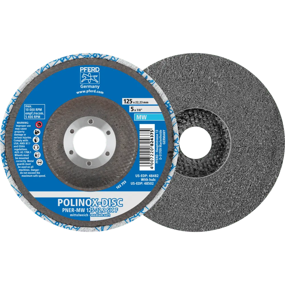 Produktfoto 1 von PFERD TOOLS POLINOX verpresste Vlies-Disc PNER Ø 125 mm Bohrung-Ø 22,23 mm Mittelweich SIC Fein für Finish, 5 Stk.