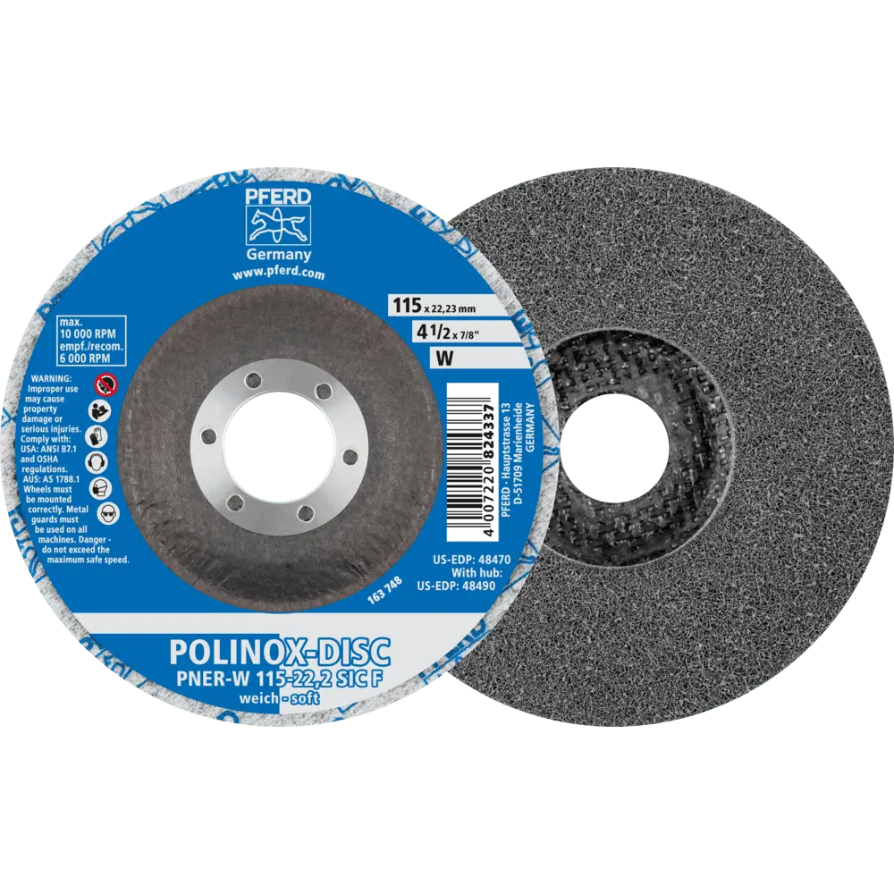 PFERD TOOLS POLINOX verpresste Vlies-Disc PNER Ø 115 mm Bohrung-Ø 22,23 mm Weich SIC Fein für Finish, 5 Stk.