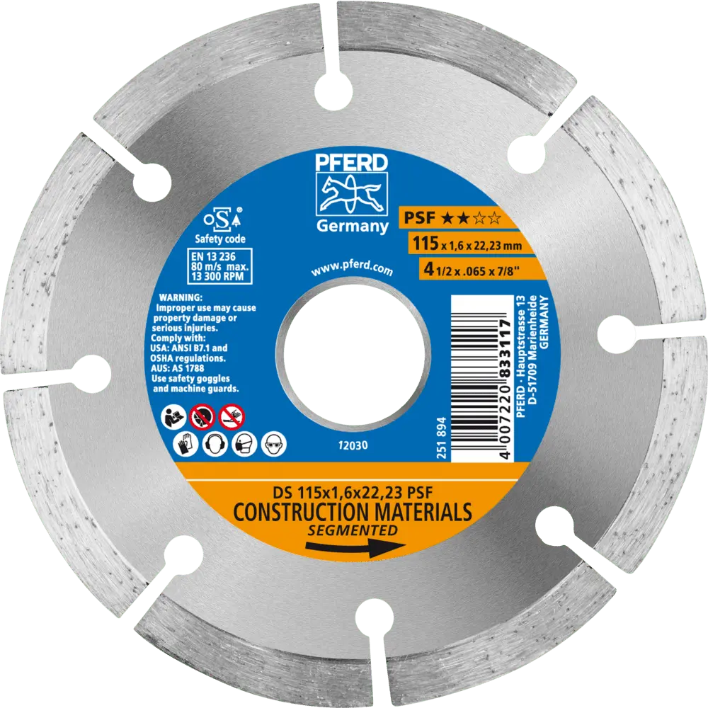 Produktfoto 1 von PFERD TOOLS Diamant-Trennscheibe DS 115x1,6x22,23 mm PSF für schnelles Trennen von Stein und Beton