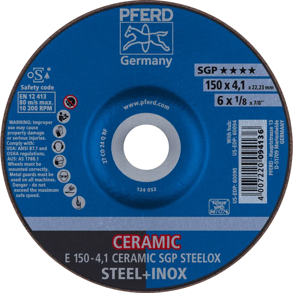 Produktfoto 1 von PFERD TOOLS Schruppscheibe E 150x4,1x22,23 mm CERAMIC Leistungslinie SG STEELOX für Stahl/Edelstahl, 10 Stk.